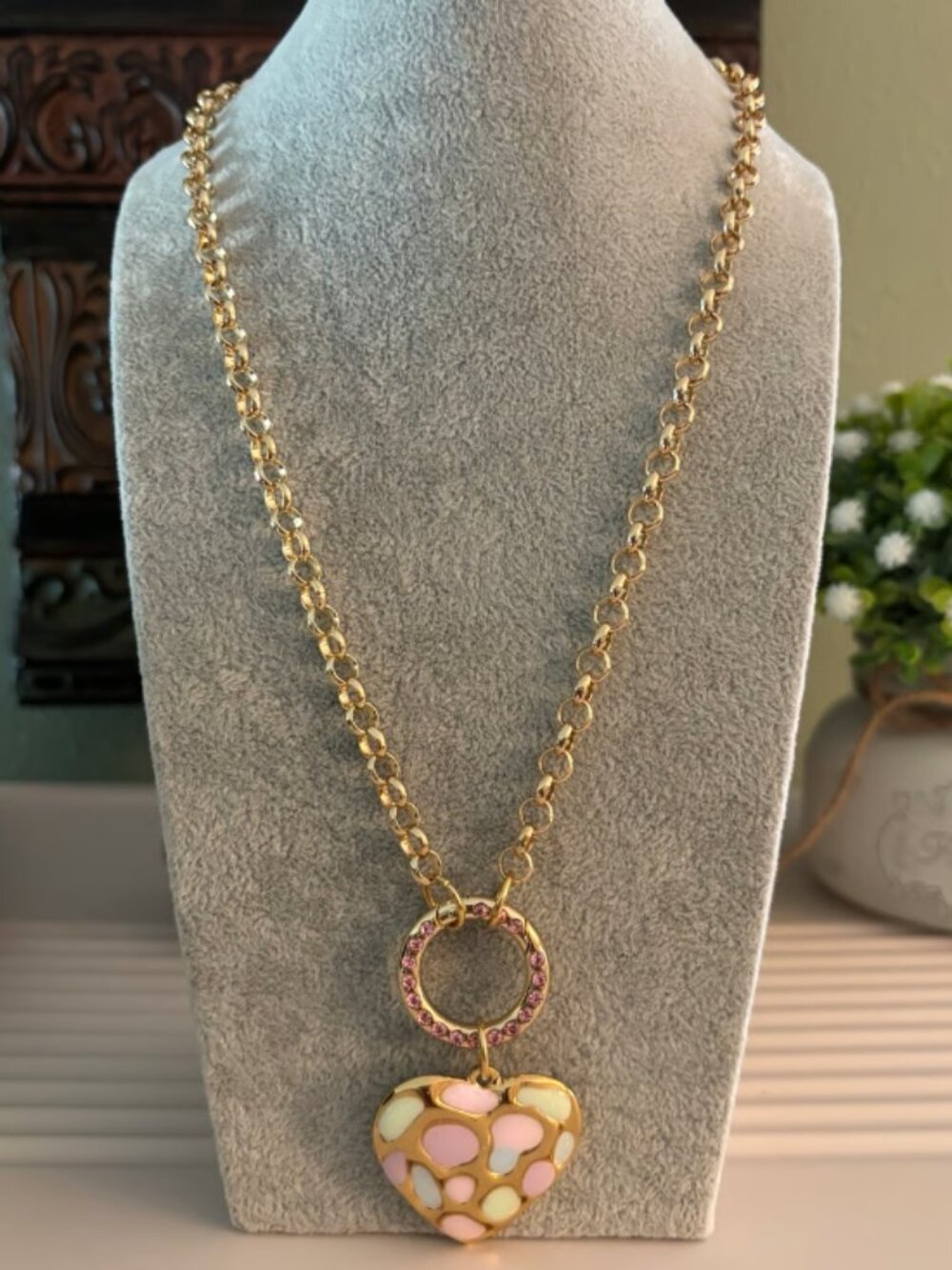 Multi Color Enamel Heart Pendant on Gold Necklace